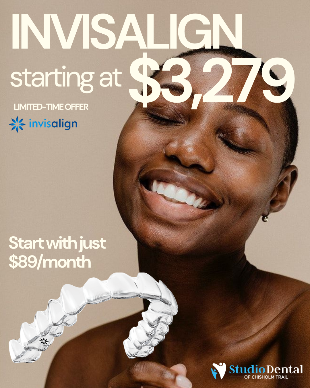 Studio Dental of Chisholm Trail Facebook ad: Hey Fort Worth, Invisalign for Just $3,279 is Here!