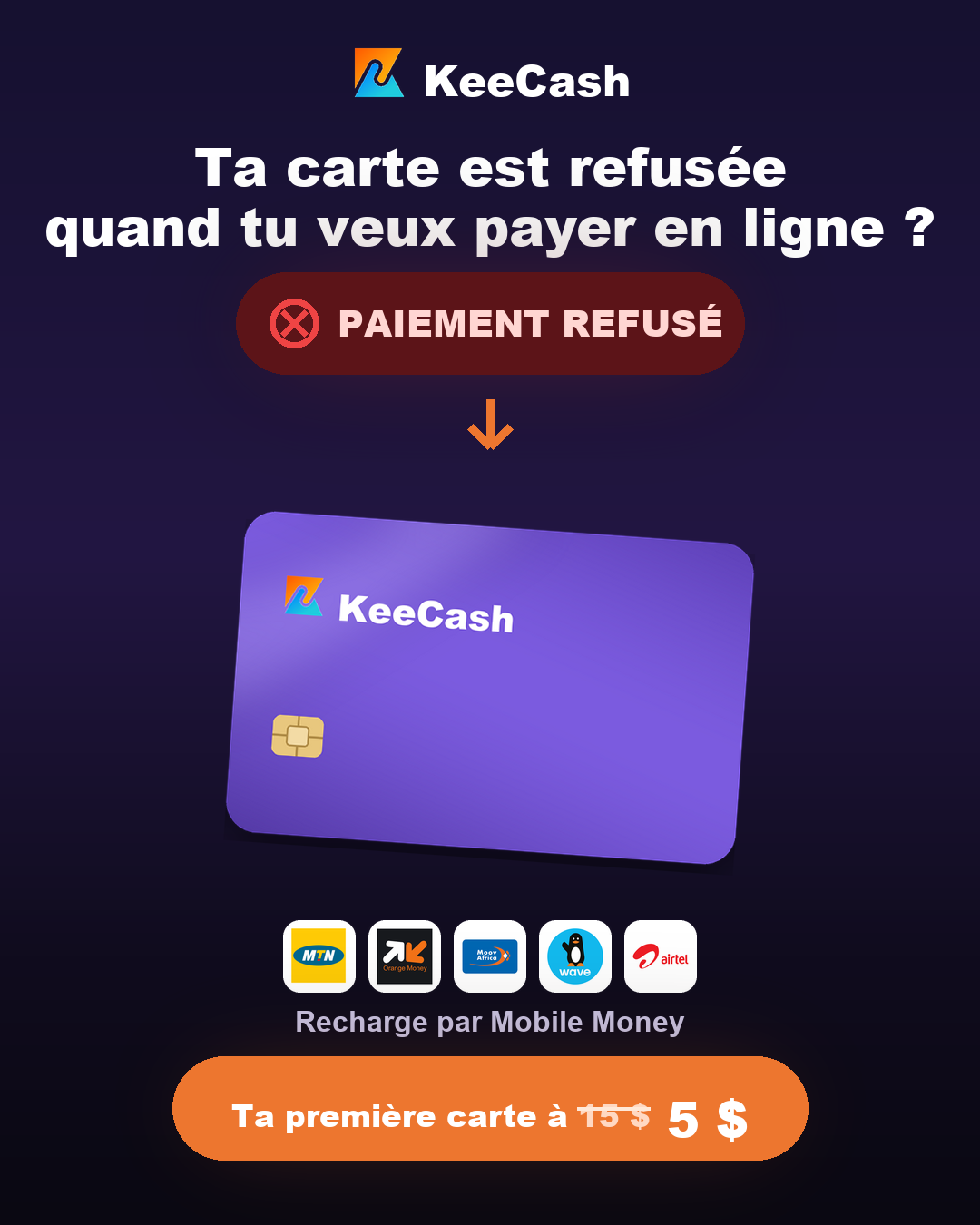 KeeCash - Cartes bancaires eur/usd par Mobile Money Facebook ad: Ta carte virtuelle à 5 $