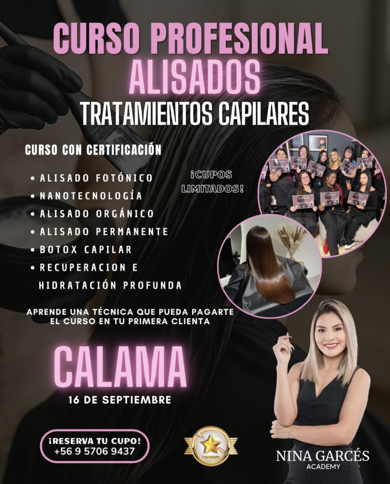 Nina Garcés Academy Facebook ad: CALAMA CURSO DE ALISADOS Y TRATAMIENTOS CAPILARES