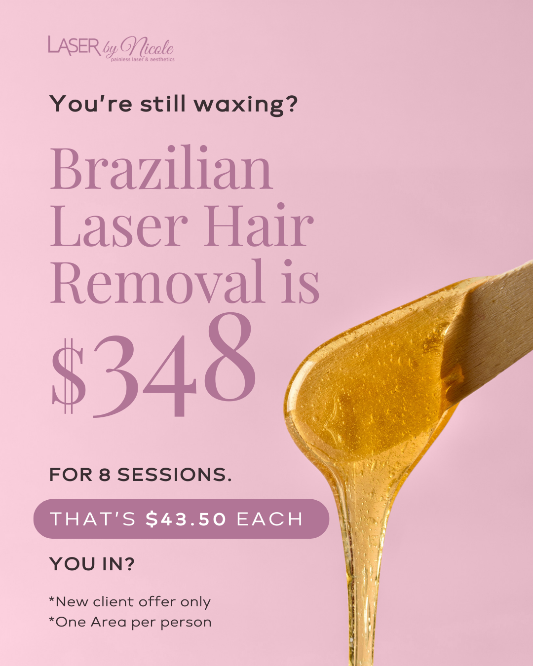 Laser by Nicole Facebook ad: Brazilian Laser Hair Removal, 8 Sessions for $348