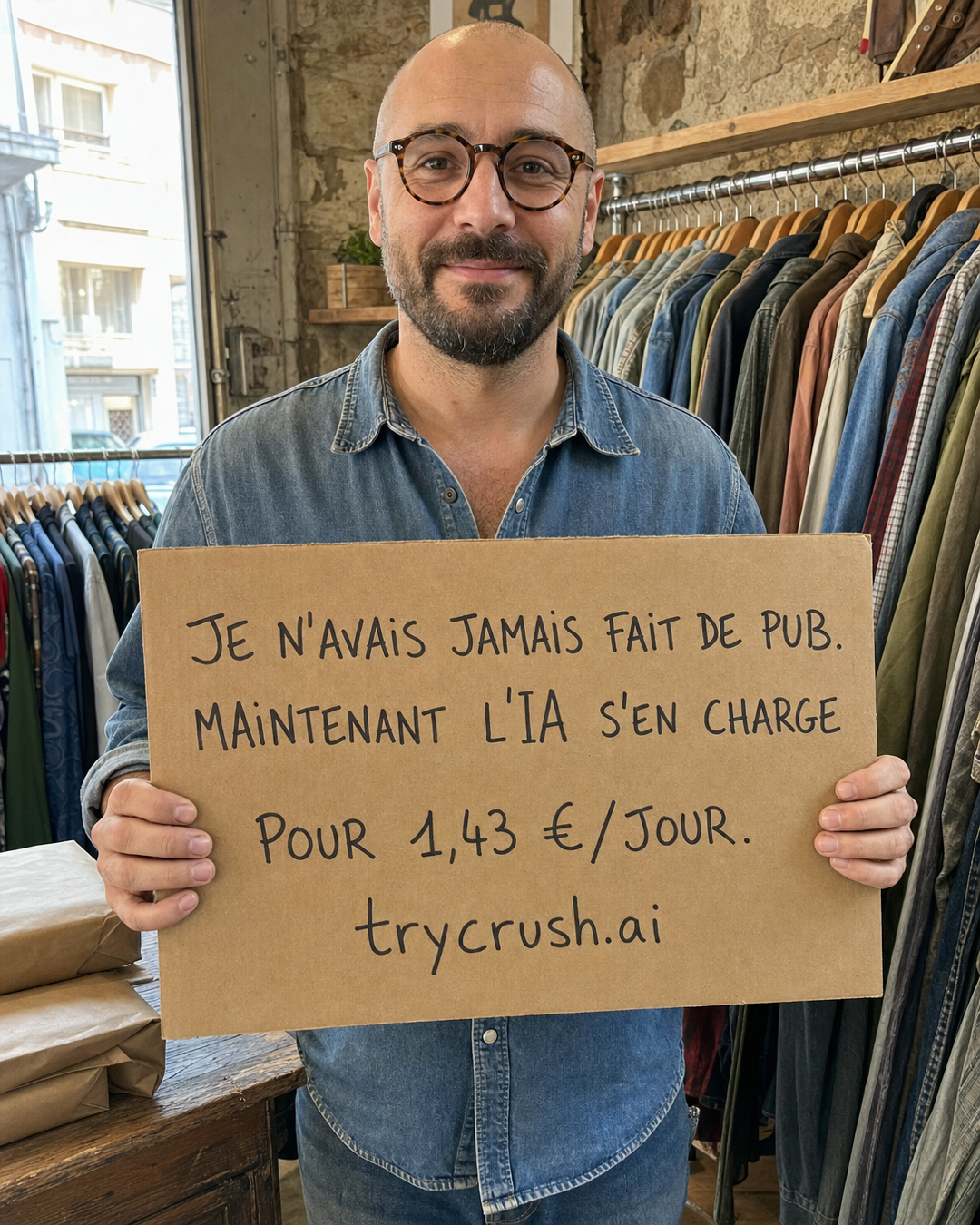 trycrush.ai Facebook ad: Je n'avais jamais fait de pub