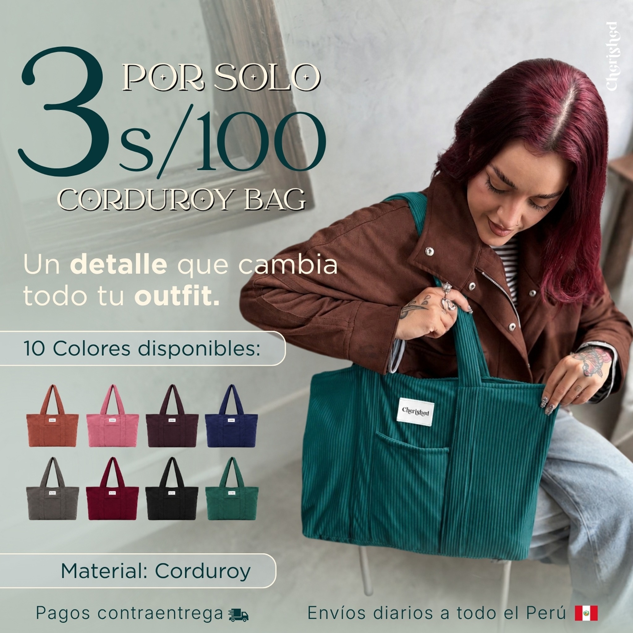 Cherished Perú Facebook ad: Bolsos Corduroy: 3 x S/100