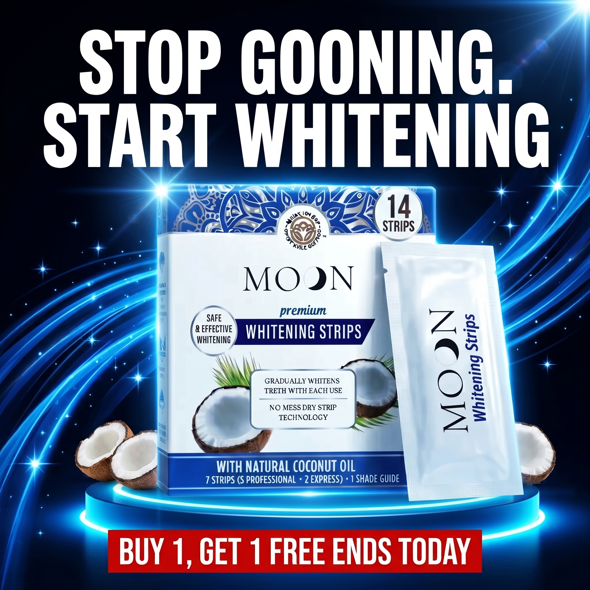 Moonwhiteshop Facebook ad: Stop using purple whitening strips!