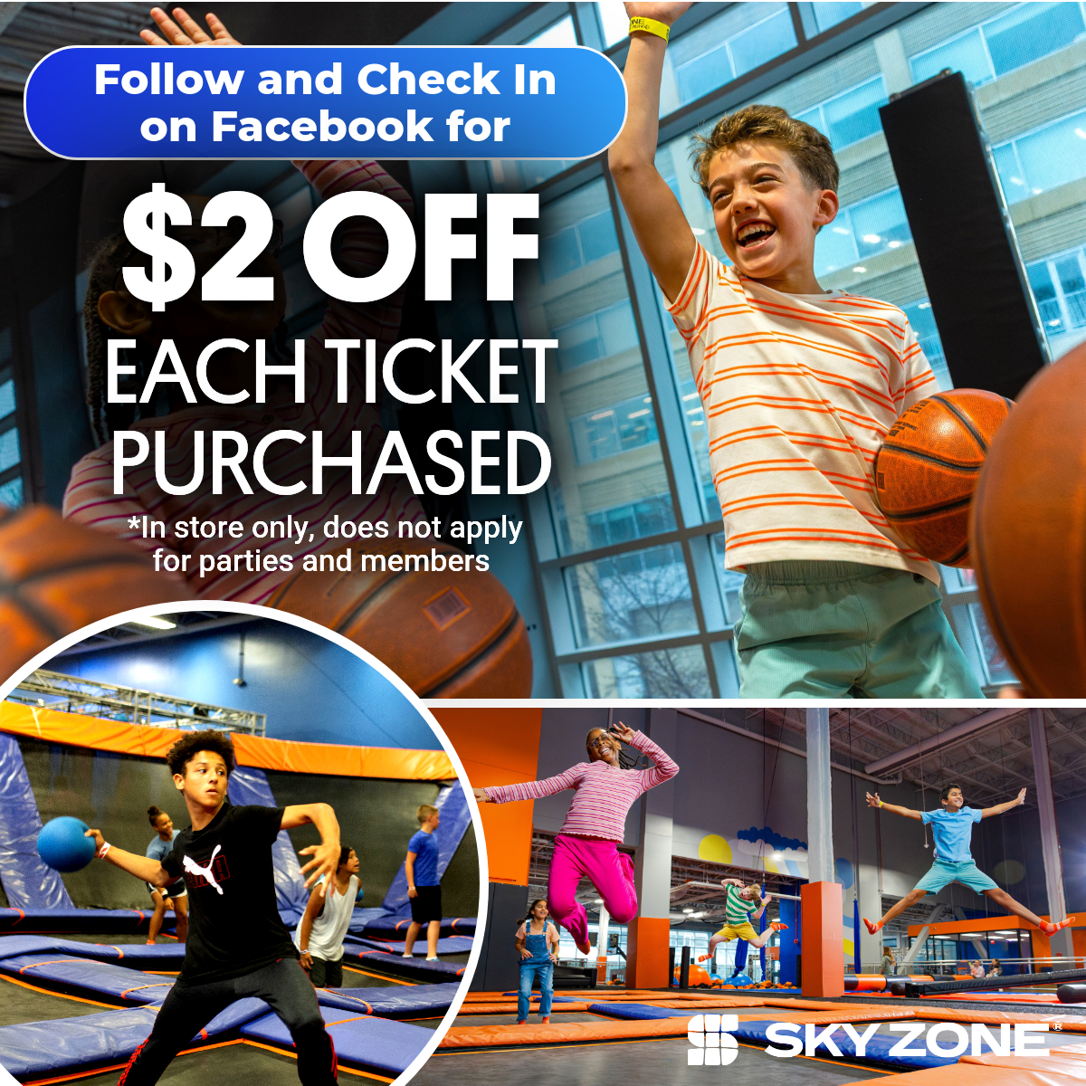 Sky Zone Facebook ad: Like & follow for $2 off!