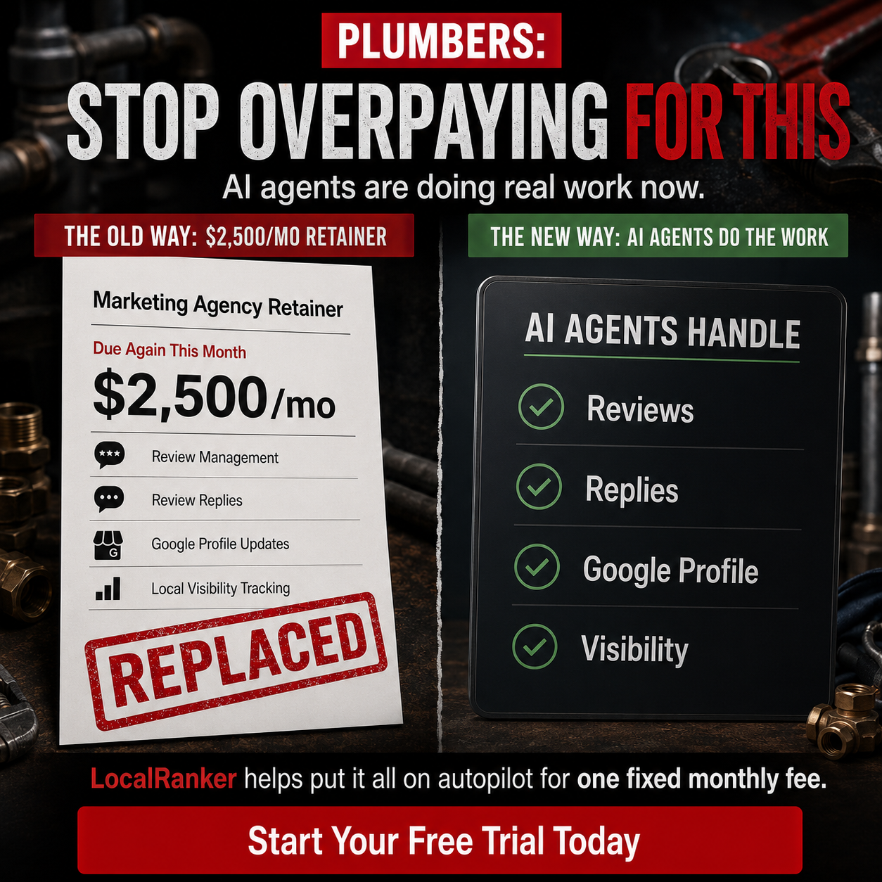 Local Ranker AI Facebook ad: Reviews and Google visibility for plumbers