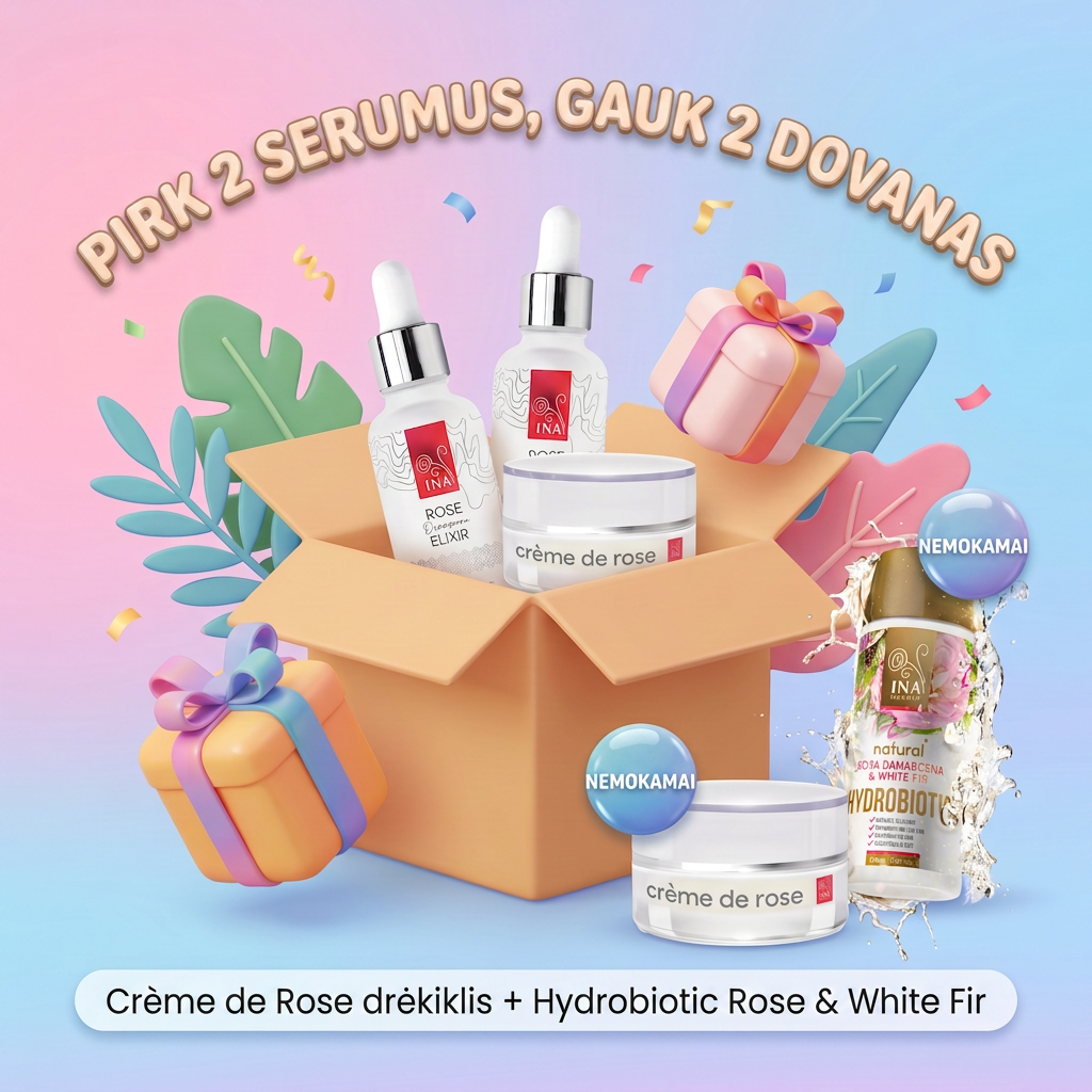Organinė Kosmetika - InaEssentials.LT Facebook ad: Pirk 2 serumus Rose Elixir, kremą ir Hydrobiotic dovanų
