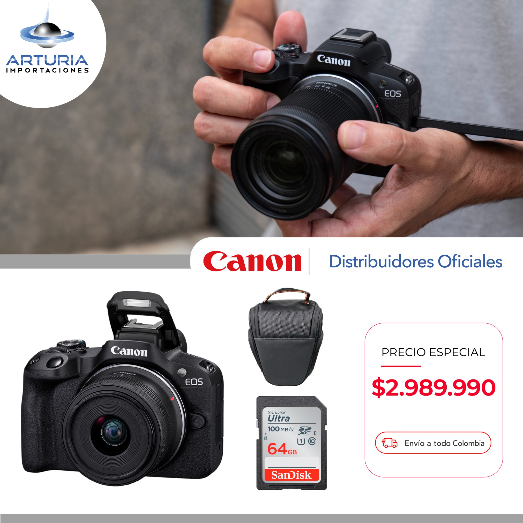 Importaciones Arturia Colombia Facebook ad: Cámara Canon EOS R50 Mirrorless con lente 18-45mm +…
