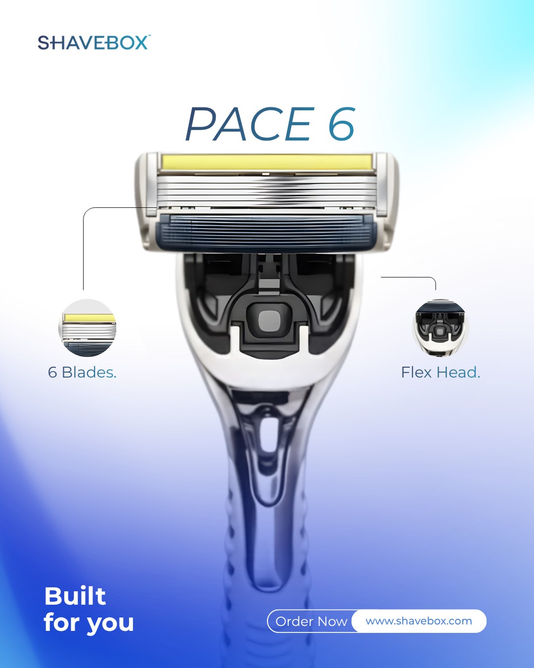 ShaveBox Facebook ad: 6 blades. A flex head that moves with…