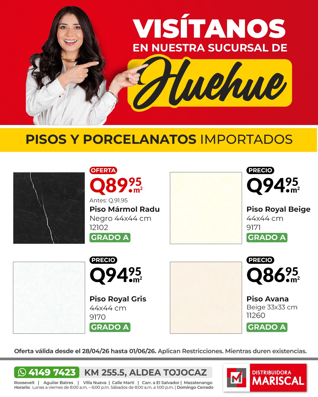 Distribuidora Mariscal Facebook ad: Pisos semi brillantes geométricos con figuras, junto a…