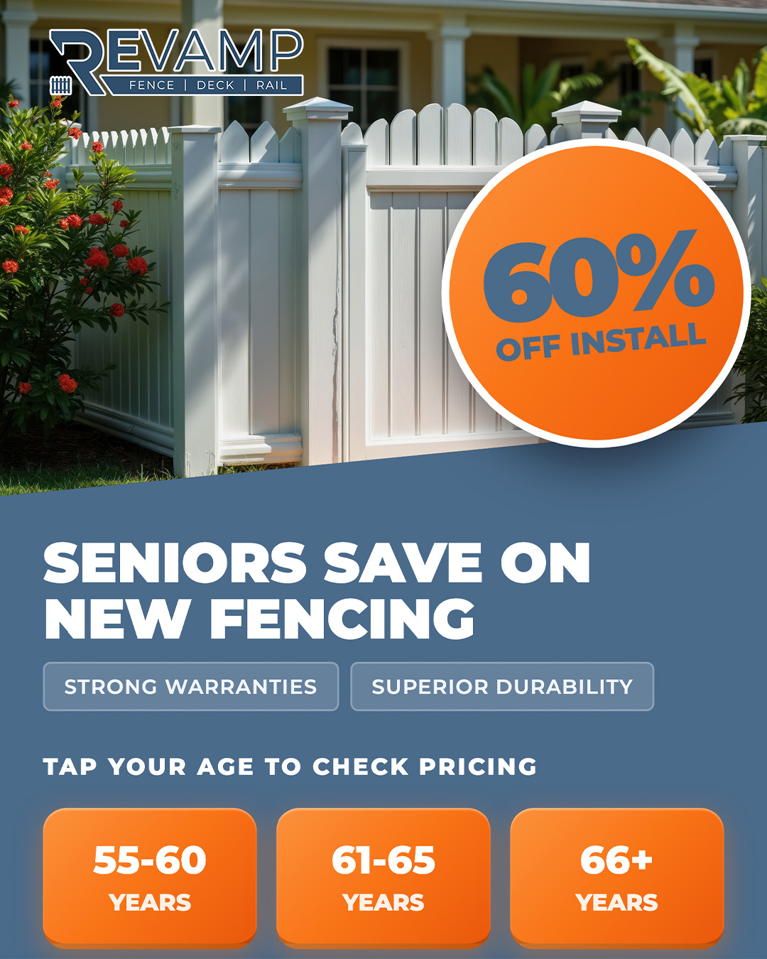 Revamp Fence & Deck Facebook ad: Seniors Save Thousands On New Fence