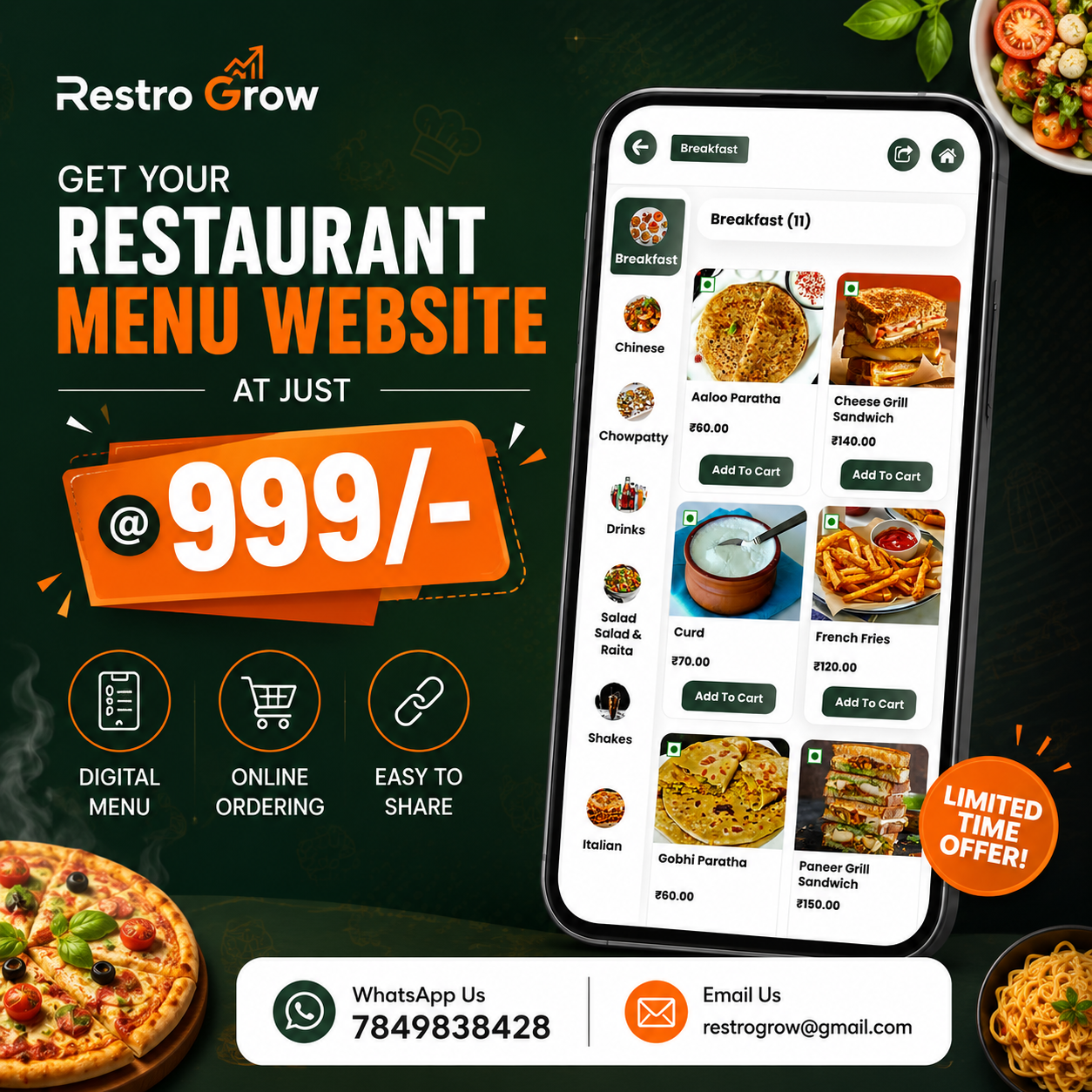 Restro Grow Facebook ad: Launch Your Restaurant Website @ ₹999