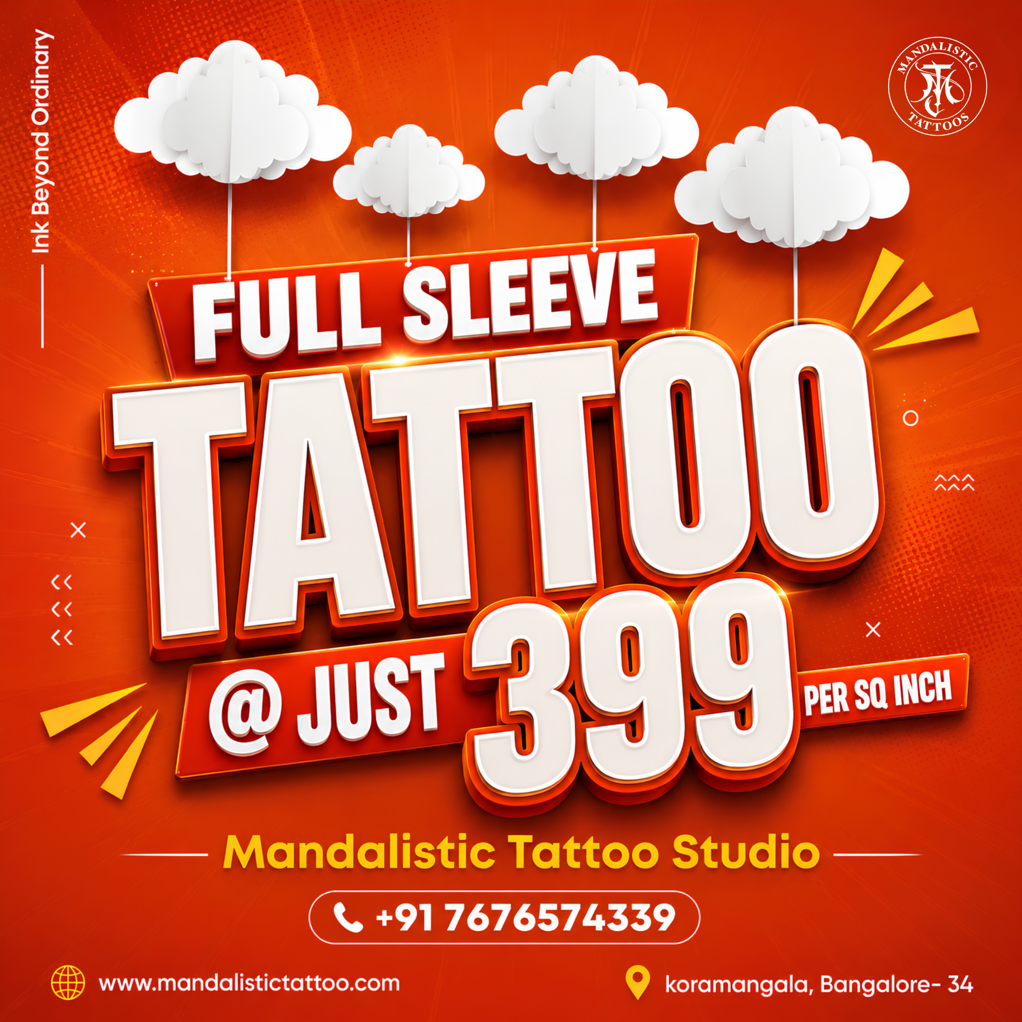 Mandalistic Tattoo Studio Facebook ad: ₹399/Sq. Inch Tattoo Blitz, Mandalistic's Epic Flash Sale…