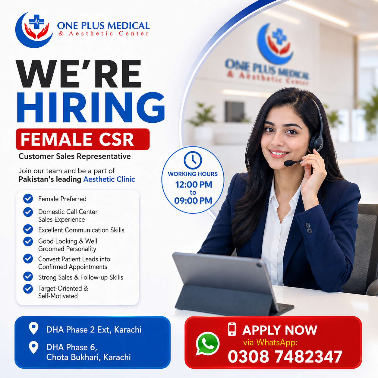 OnePlus Medical & Aesthetic Center Facebook ad: WE’RE HIRING, FEMALE CSR!