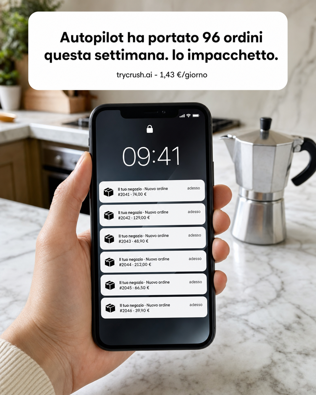 trycrush.ai Facebook ad: Autopilot: 96 ordini questa settimana