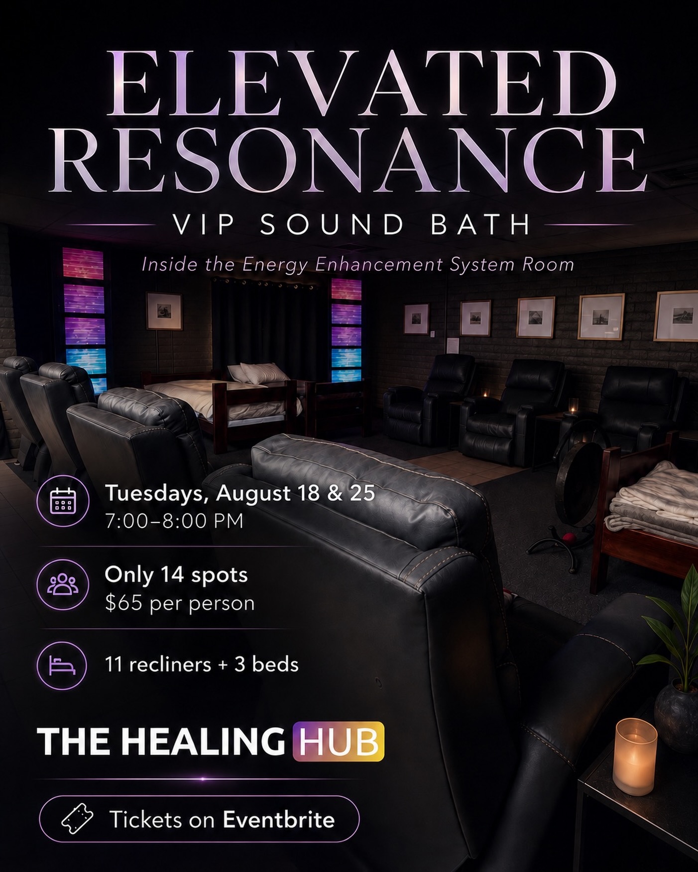 The Healing Hub Facebook ad: VIP Sound Bath inside the Energy Enhancement System Room