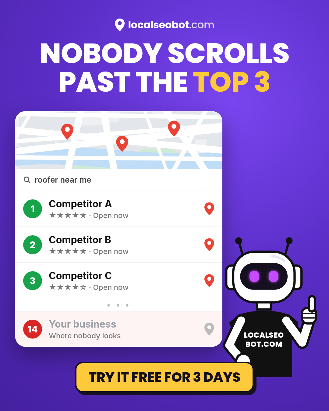 Local SEO Bot Facebook ad: Rank in the Top 3 on Google Maps, or You're Invisible