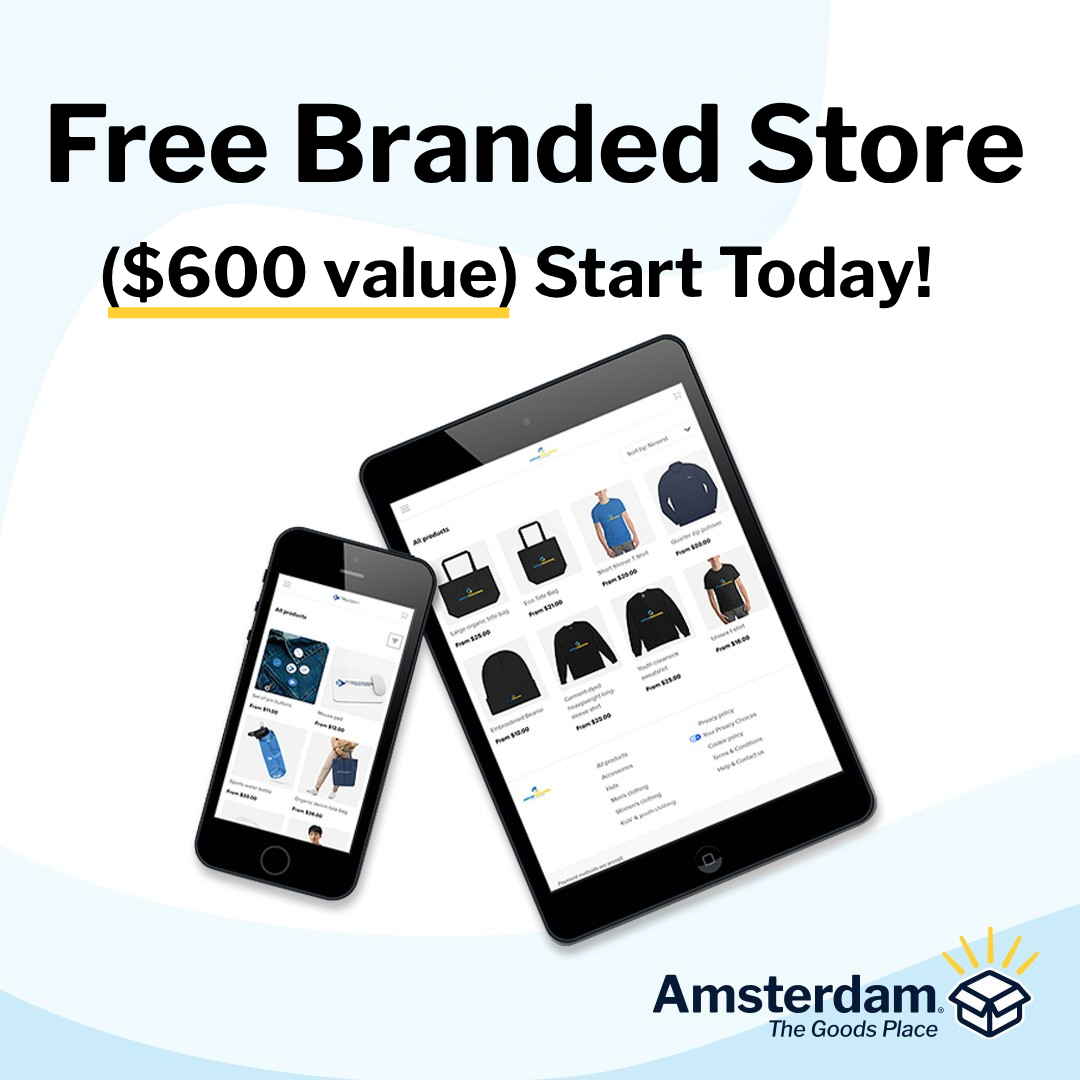 Amsterdam Printing Facebook ad: Get a free branded store for 12 months…