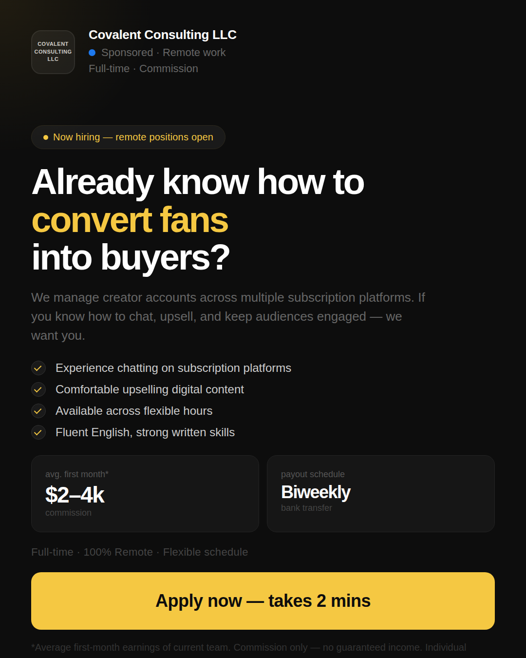 Ofm hiring Facebook ad: ofm chat specialist hiring