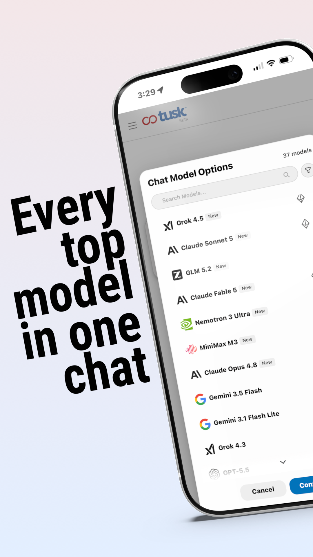TUSK Facebook ad: Every top model. One chat. Free.
