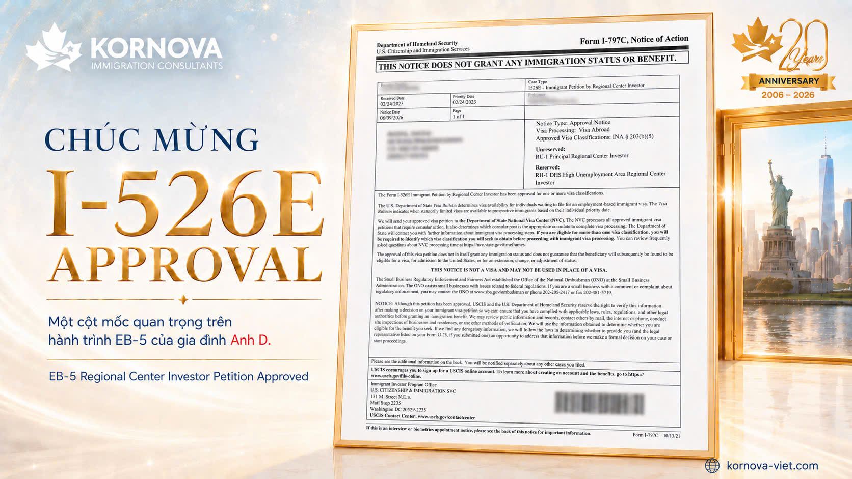 Kornova - Đầu tư định cư Mỹ Facebook ad: Chúc Mừng Gia Đình Anh D.