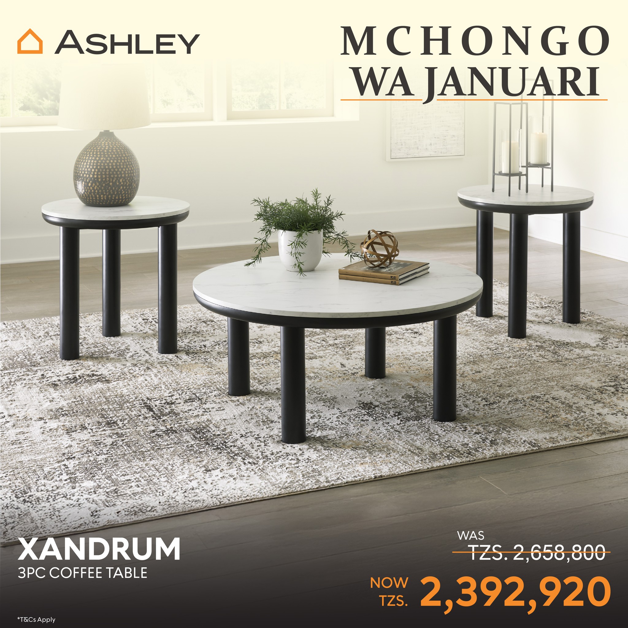 Ashley Furniture HomeStore Tz Facebook ad: MCHONGO WA JANUARI: THE XANDRUM 3-PIECE TABLE SET