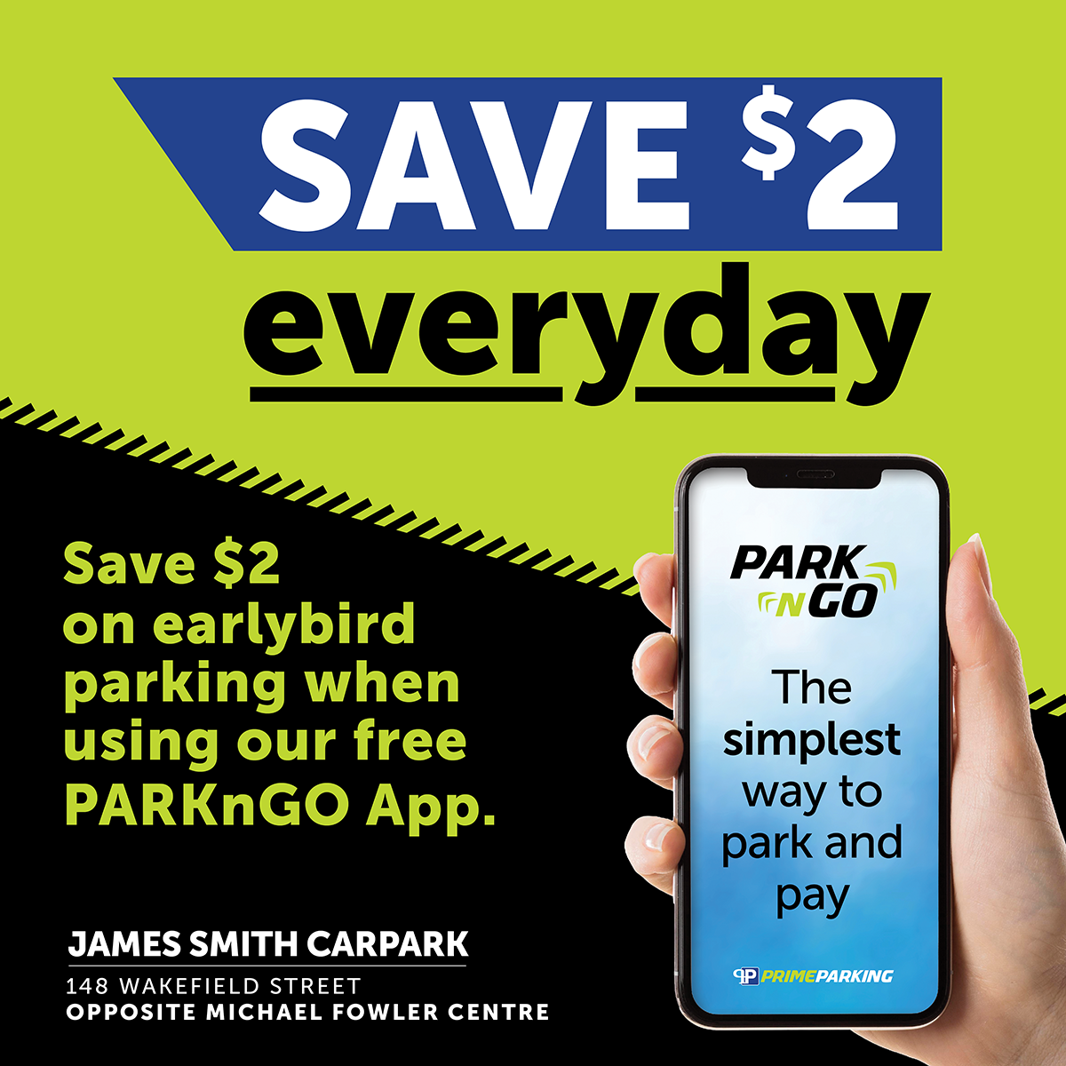 Primeparking Facebook ad: Save $2 on Early bird single entry parking…