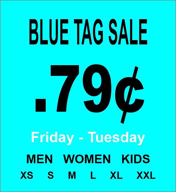 Door Of Hope Thrift Store Facebook ad: Sale.79 Cent Blue Tags, Both Locations