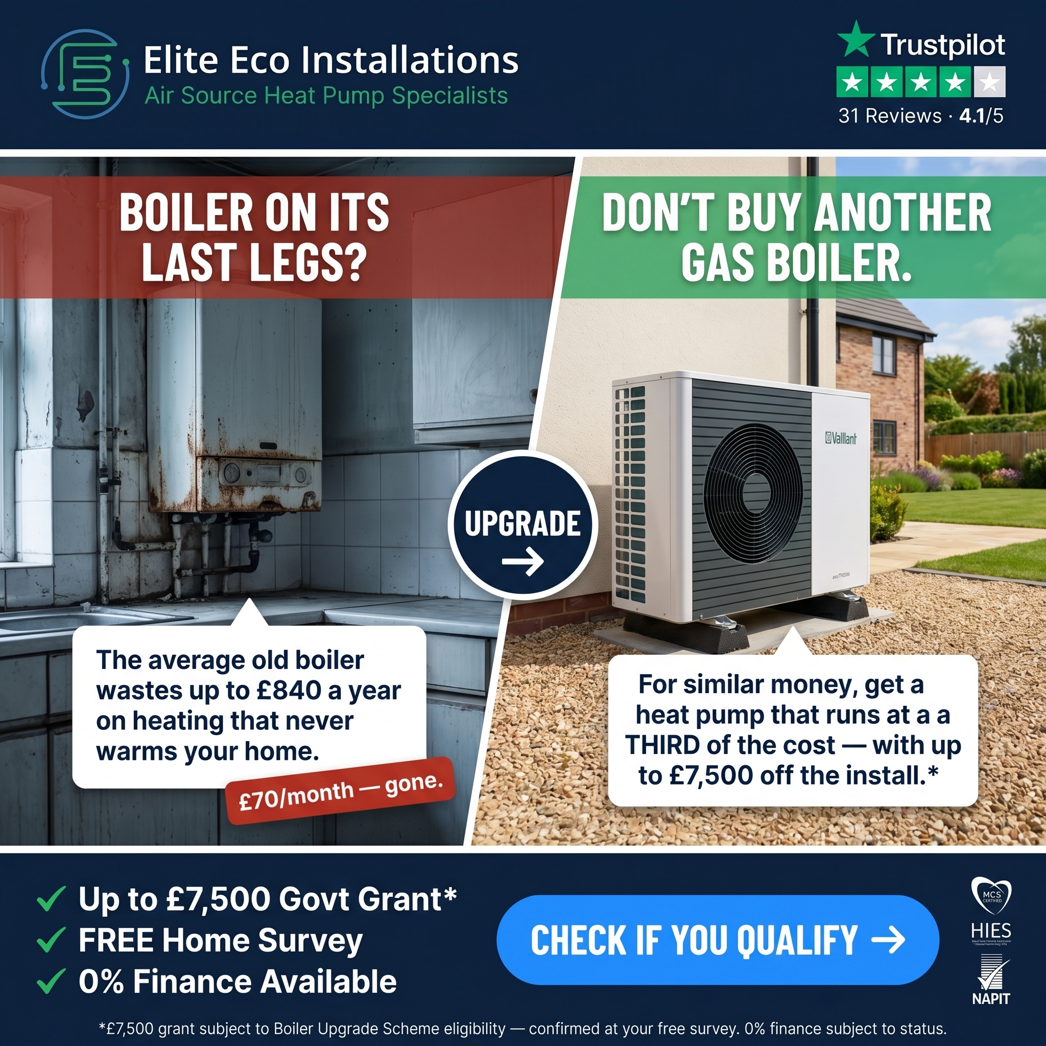 Elite Eco Installations Facebook ad: Don't Buy Another Gas Boiler • Switch & Save Big!