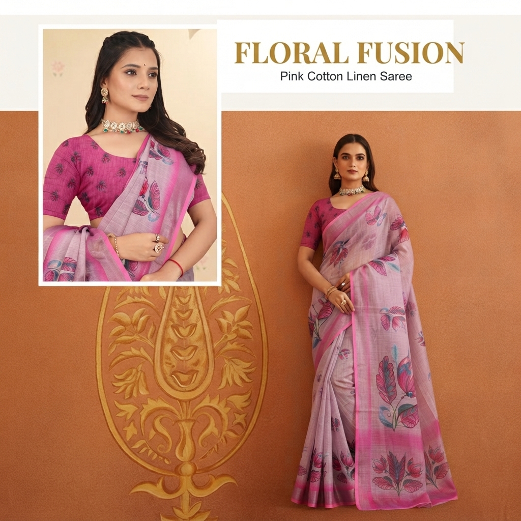 Trilokpati Facebook ad: Buy Pink Cotton Linen Digital Print Saree!