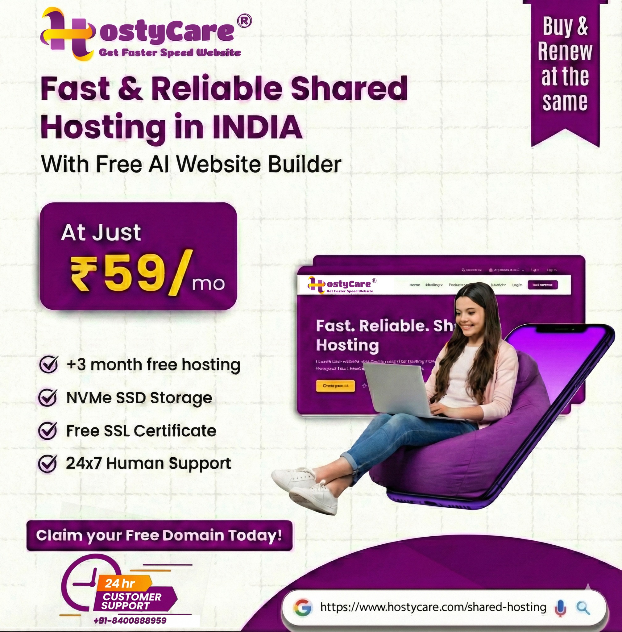 Hosty Care Facebook ad: Launch Your Website for ₹59/mo