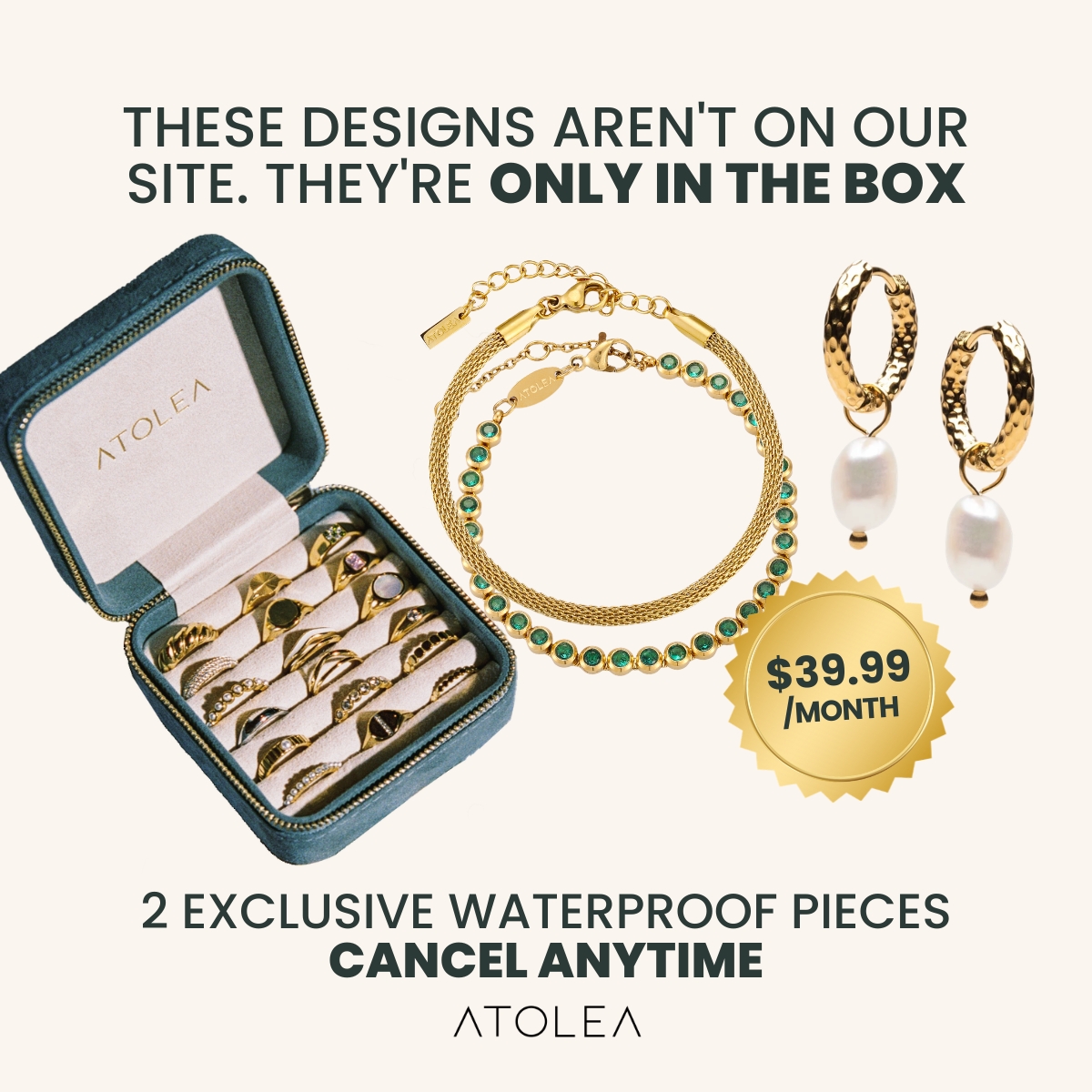 Atolea Jewelry Facebook ad: Stop Guessing. Start Receiving Waterproof Jewelry Every…