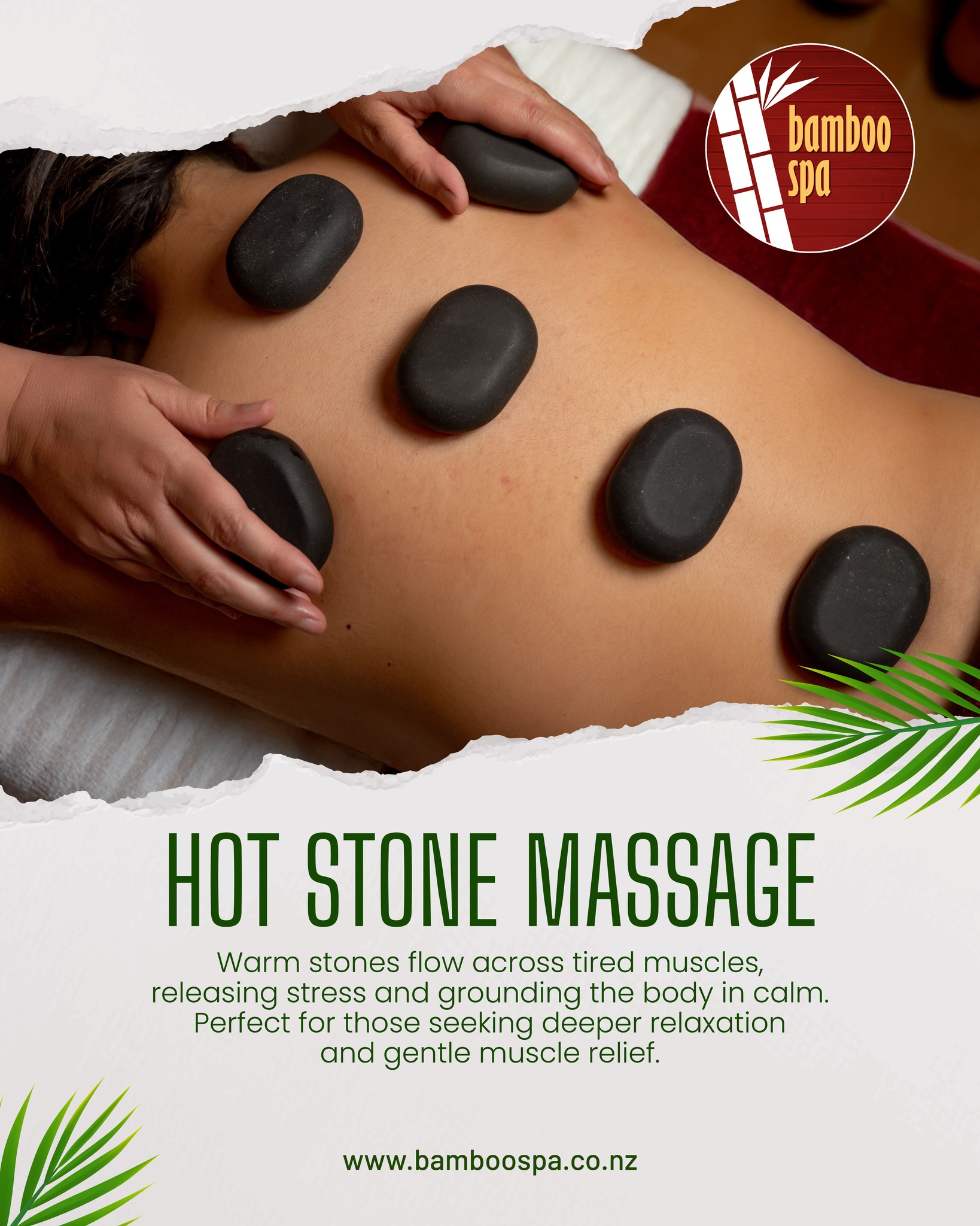 Bamboo Spa Henderson Facebook ad: Warm stones. Slow movements.