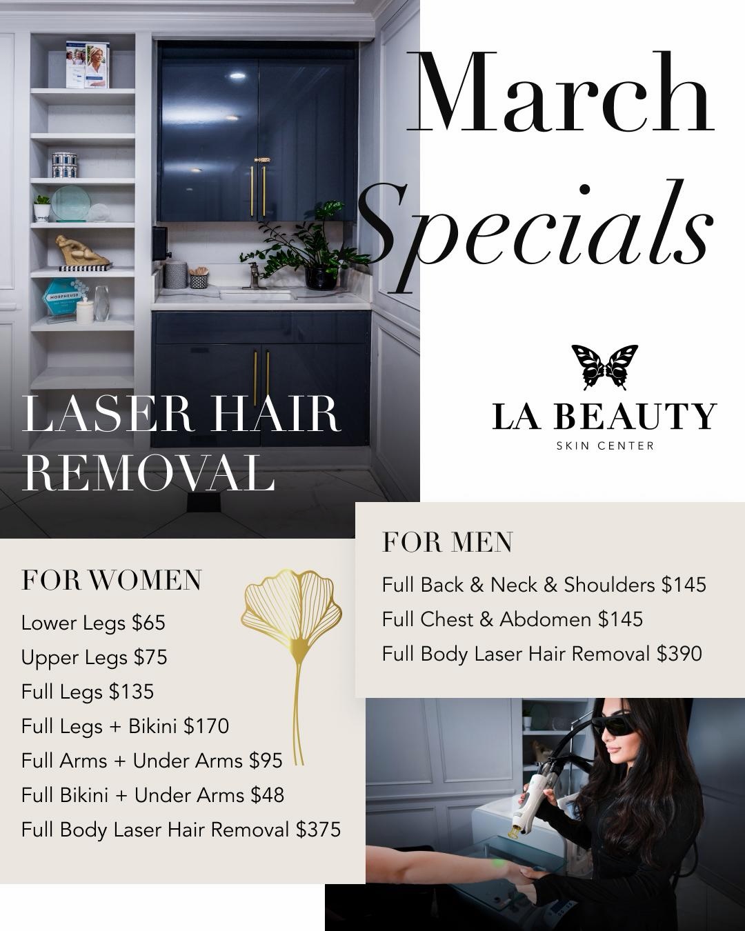 L.A. Beauty Skin Center Facebook ad: •MARCH INTO SPRING WITH OUR MONTHLY SPECIALS•