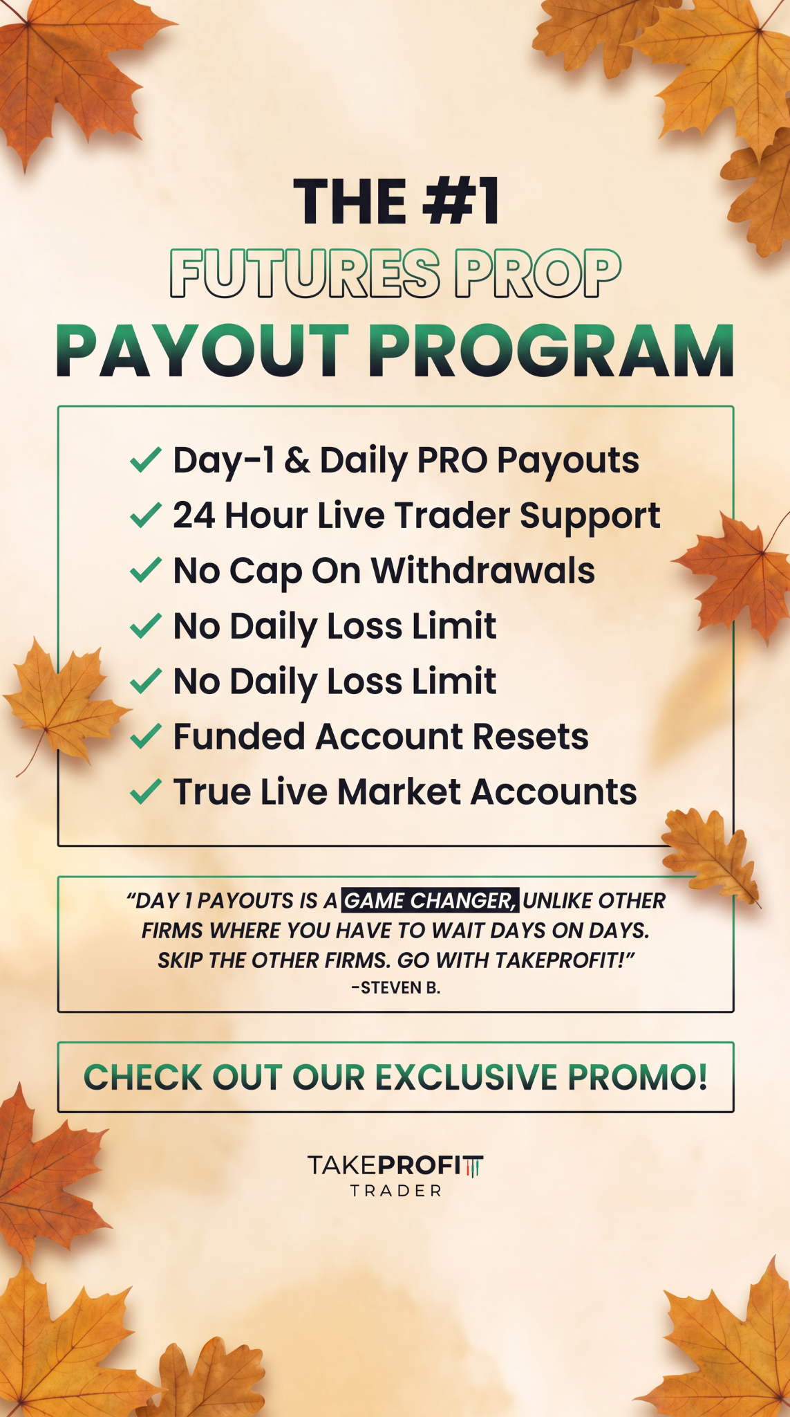 Take Profit Trader Facebook ad: #1 Live-Market Prop Payout Policy
