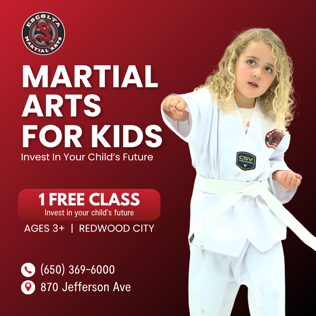 Escolta Martial Arts Redwood City Facebook ad: Kids Martial Arts (Ages 3+) | Free Trial Pass