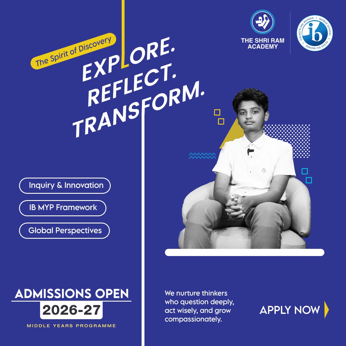 The Shri Ram Academy Facebook ad: Admissions Open | IB Middle Years Programme 2026-27