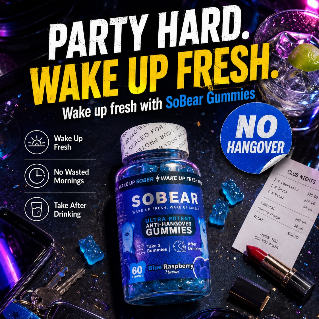 SoBear Hangover Gummies Facebook ad: Big Night? We've Got You Covered