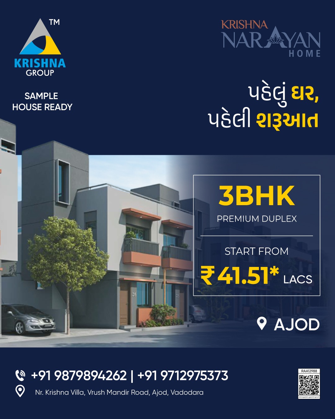 Krishna group Facebook ad: 3BHK Premium Duplex @ Ajod, Vadodara.