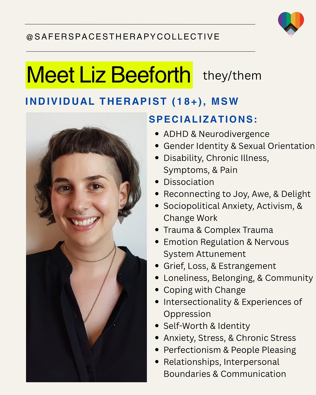 saferspacestherapycollective Facebook ad: Meet Liz (they/them)!