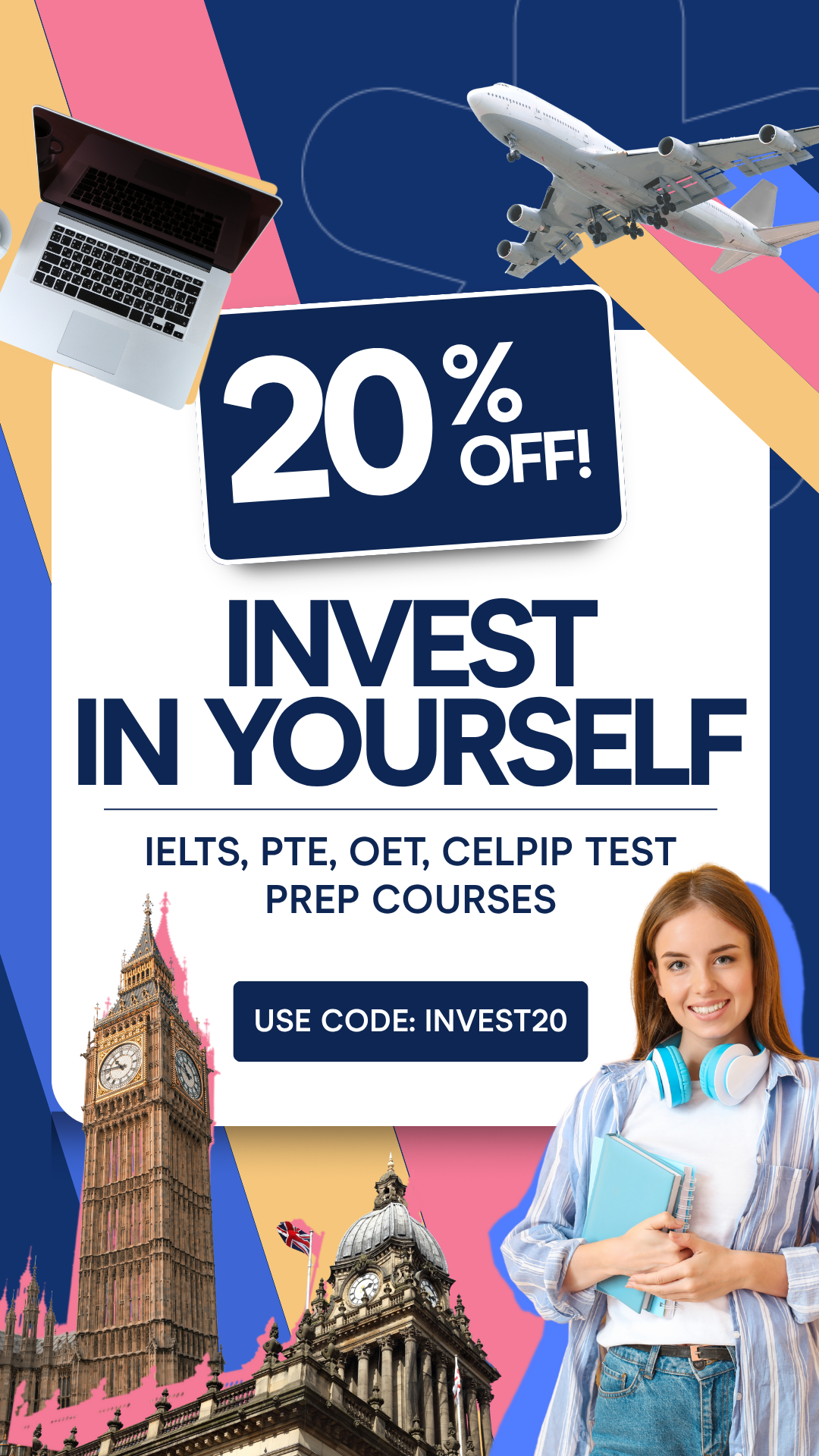 E2Language Facebook ad: Save 20% on all IELTS, PTE, OET, and CELPIP study packages