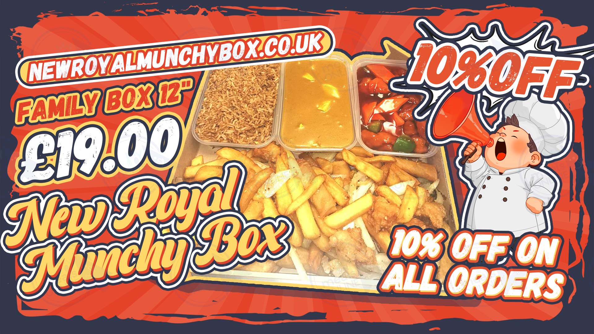 New Royal Munchy Box Chinese Takeaway Facebook ad: 10% off on all orders.