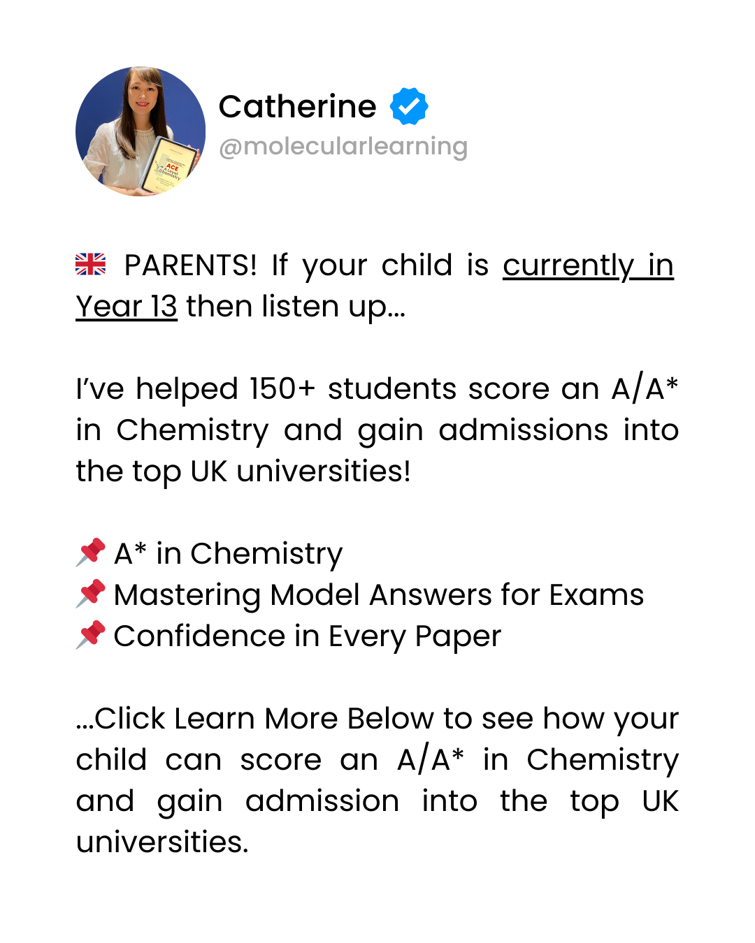 Catherine Chang A Level Chemistry Tutor Facebook ad: YEAR 13 CHEMISTRY A LEVELS SUCCESS