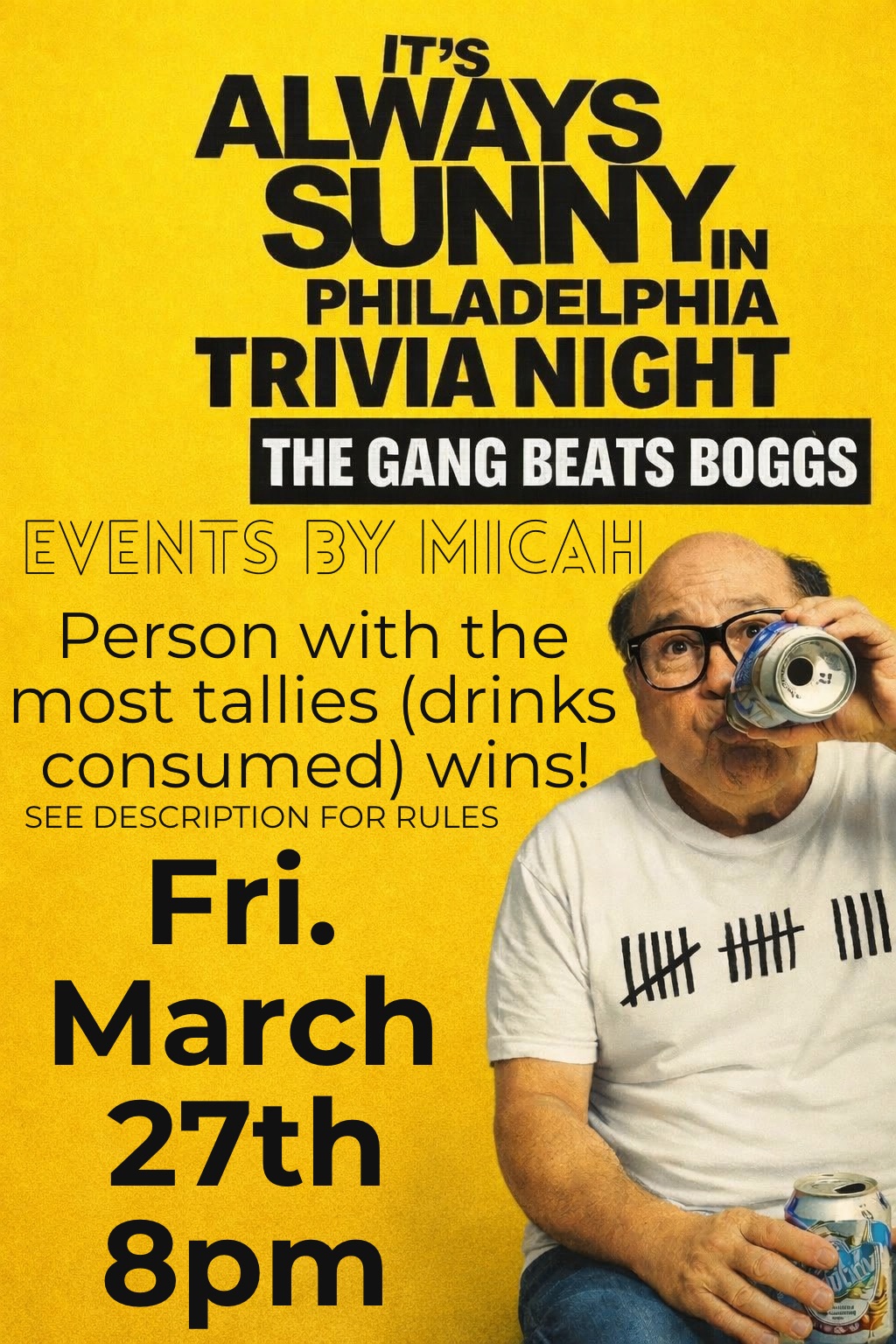 Events & Entertainment by Micah LLC Facebook ad: The Gang Beats Boggs (Always Sunny Trivia)