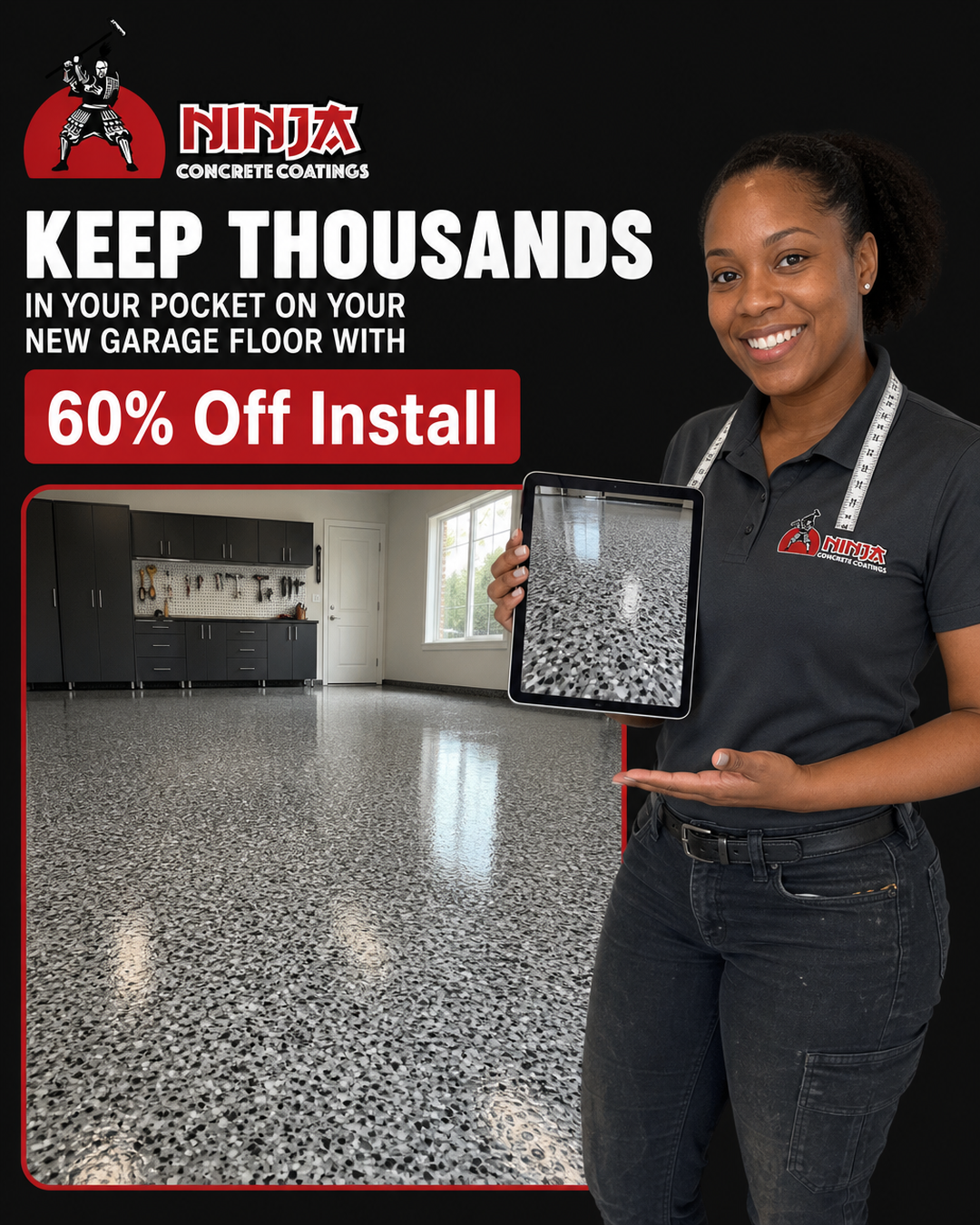 Ninja Coatings Facebook ad: 60% OFF Install On Concrete Coatings