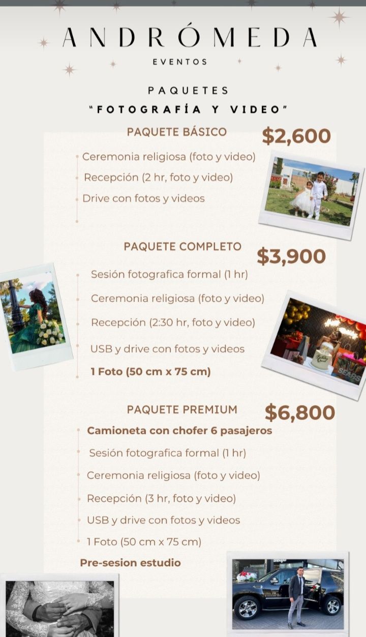Andromeda Eventos Parral Facebook ad: Fotógrafia y video desde $2,600 para tu Boda…