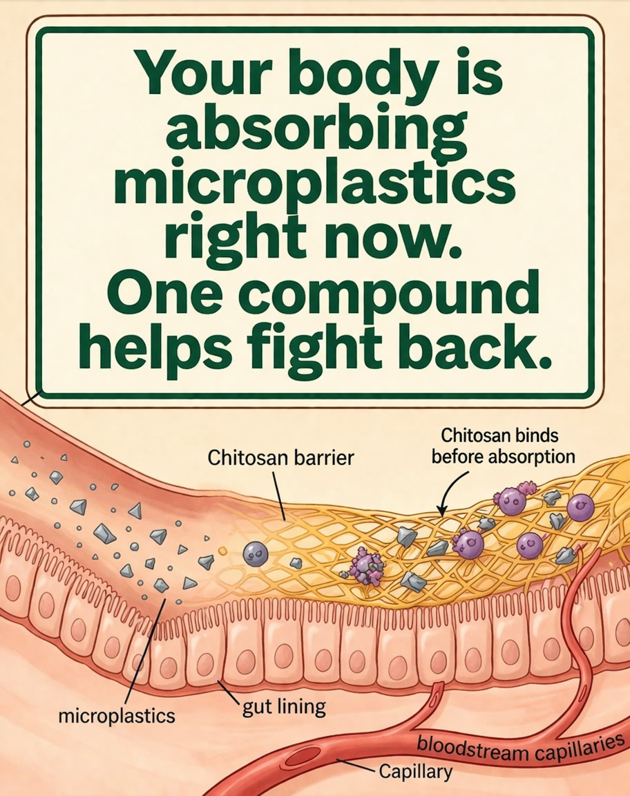 Nutritionist - Carolyn Hurst Facebook ad: Your Body Has No Way to Stop Microplastics. Chitosan Does.