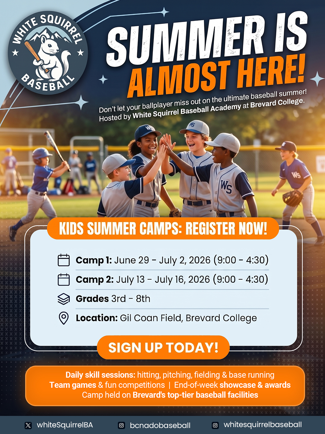 White Squirrel Baseball Academy Facebook ad: Youth Baseball Camps Open Now