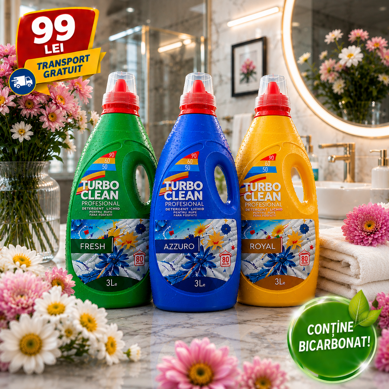 Eclean.ro Facebook ad: 3x Detergent Rufe Turbo Clean Economic 3L Bicarbonat de…