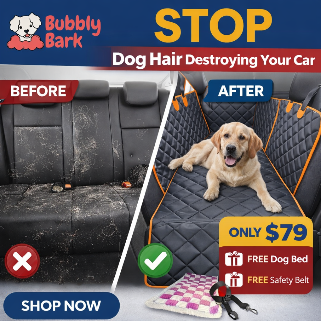 Bubbly Bark Facebook ad: Waterproof Dog Car Seat Hammock, 6-in-1 Back