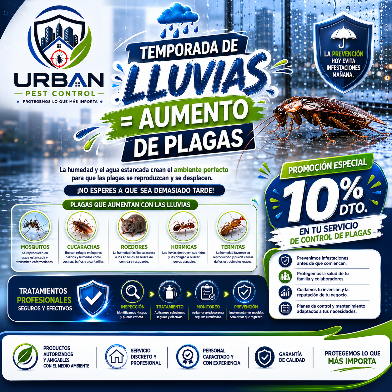 Urban pest control Facebook ad: Temporada de lluvias = aumento de plagas